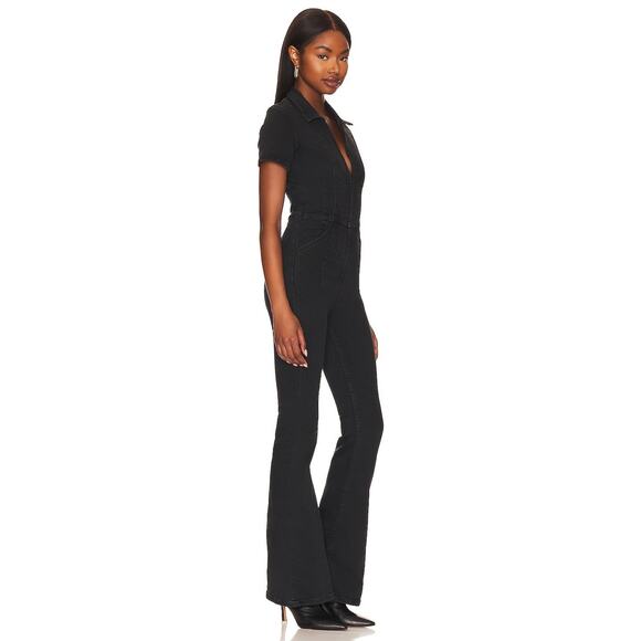 X We The Free People L Large Jayde Flare Jumpsuit Black Denim Flattering Boho - Picture 1 of 16